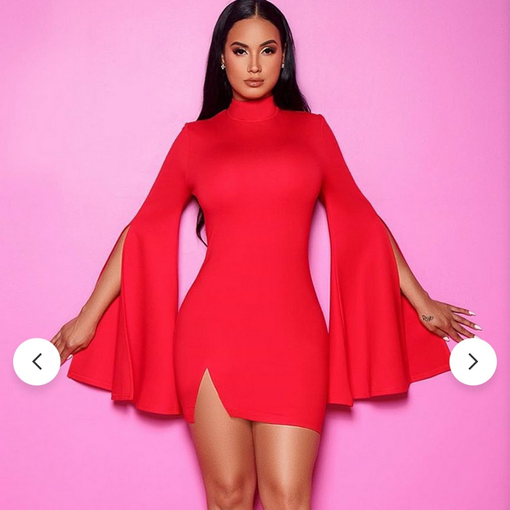 High Collar Slit Bell Sleeve Bodycon Mini Dresses-Red - NEW WITH TAGS